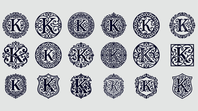 Elegant monogram k vintage ornate frames and borders set navy blue.