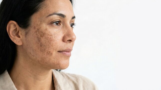 Close-up profile of an adult woman with skin hyperpigmentation and dark brown patches on her cheek