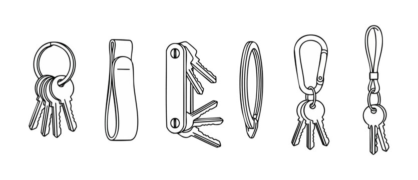 Key ring collection line icon set, metal keys and keychains for home access or security. Outline style illustrations of different key organizers, carabiner, and house keys for architectural design.