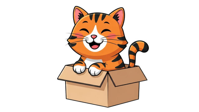 Cute cartoon tiger kitten sitting inside cardboard box with cardboard