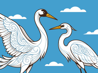 Obraz premium Stylized Illustration of Two White Herons with Intricate Swirl Patterns Against a Blue Sky - Elegant Graphic Bird Art