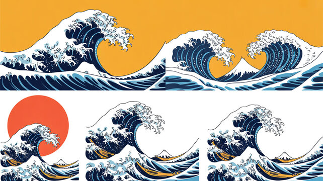 A collection of six industrial safety images with a wave crashing against the shore near a sunset
