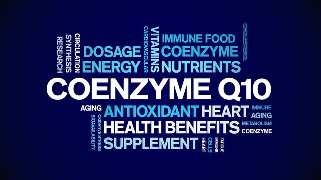 Coenzyme Q10 animated word cloud-CoQ10 text design animation tag kinetic typography seamless loop.