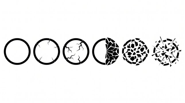 Six black circular rings arranged horizontally, each progressively cracking and fragmenting, symbolizing transformation, pressure, or decay through minimalist geometric evolution in modern design.
