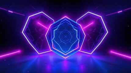 Fototapeta premium Neon lights form abstract geometric shapes. Dark background emphasizes vibrant blue, purple glow. Futuristic design creates immersive visual experience.