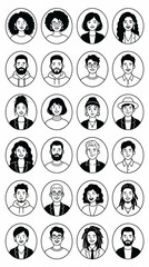 Obraz premium A diverse group of people illustrations in circular frames are depicted in a single-file line.
