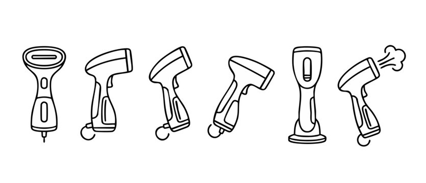 Garment Steamer Icons Set Handheld Fabric Ironing Tools for Clothes Care, Vector Illustration Outline Collection of Portable Steamers for Laundry Maintenance and Wrinkle Removal Household Appliances