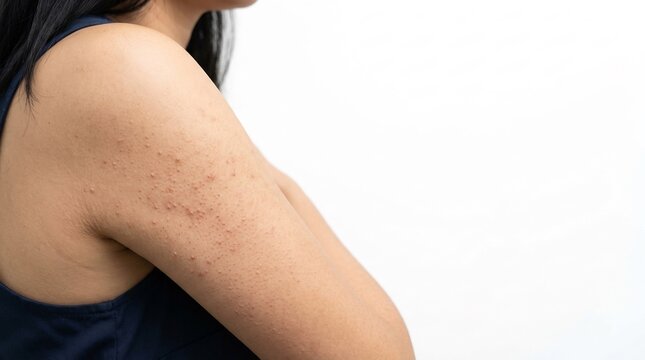 Close-up of woman's upper arm with rough skin texture and small bumps on white background