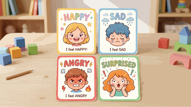 Four educational flashcards displaying different emotions with cartoon faces and colorful blocks on a wooden table in a classroom setting