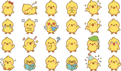 Cute Yellow Chick Emoji Set with Various Expressions, Emotions, and Poses for Kawaii Style Designs. © Sanjida