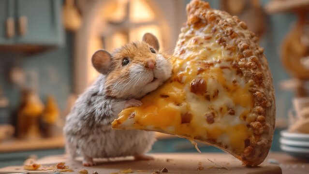A tiny mouse eagerly devours a large slice of cheesy pizza on a kitchen counter.