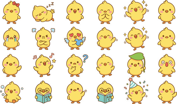 Cute Yellow Chick Emoji Set with Various Expressions, Emotions, and Poses for Kawaii Style Designs.