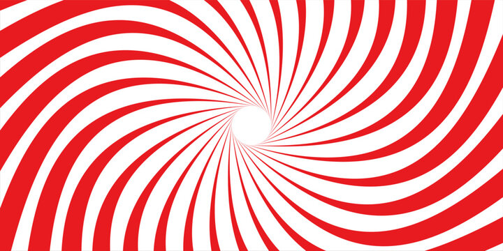 Red and white spiral sunburst background with twisted rays. Abstract hypnotic peppermint swirl or candy cane pattern for holiday designs, circus themes, and psychedelic vector illustrations.
