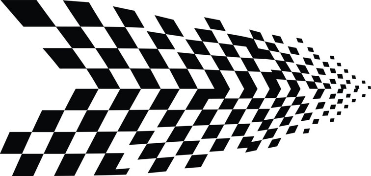 Abstract black and white checkered racing flag arrow shape with perspective effect for speed and motion design concepts