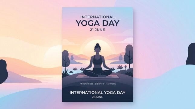 Silhouette of woman meditating in yoga pose at sunrise near calm lake with trees and lotus flowers international yoga day theme with mindfulness and balance concept serene