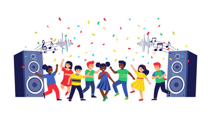 Fototapeta premium Dancing Kids Amidst the Music: A lively scene unfolds as children dance, accompanied by musical notes and vibrant confetti, celebrating the joy of youth and the rhythm of music.