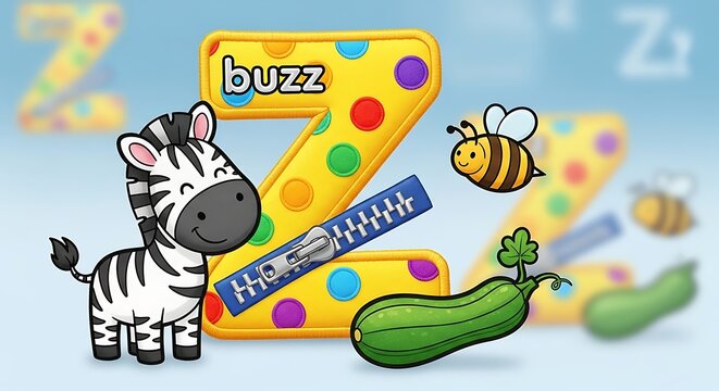 Cartoon alphabet Z with zebra, bee, zucchini, and zipper