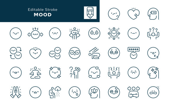 Mood outline icons set. Emotion and emoji. Happy, sad, nervous, angry, sleeping, cool, confused, in love, surprised, indignant, dissatisfied and more. Line icon in linear style. Vector collection	