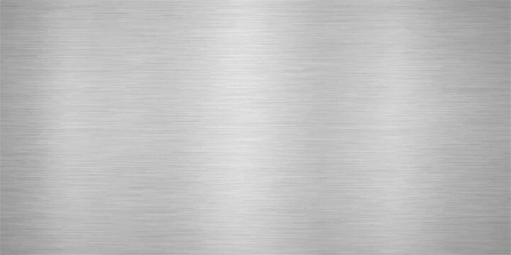 A shiny silver brushed metal texture features a seamless stainless steel plate pattern with an industrial grey metallic surface reflection, creating a sleek aluminum material backdrop