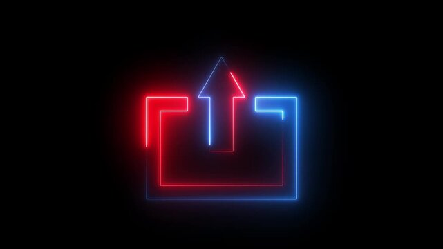 Glowing neon red and blue color upload sign icon animation up arrow signal file and data transfer success network sign symbol on black background
