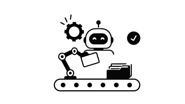 Animated cute robot and robotic arm processing document folders on a conveyor belt with a spinning gear. Minimalist black and white doodle animation for artificial intelligence data automation.