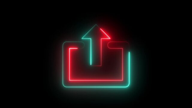 Glowing neon red and cyan color upload sign icon animation up arrow signal file and data transfer success network sign symbol on black background