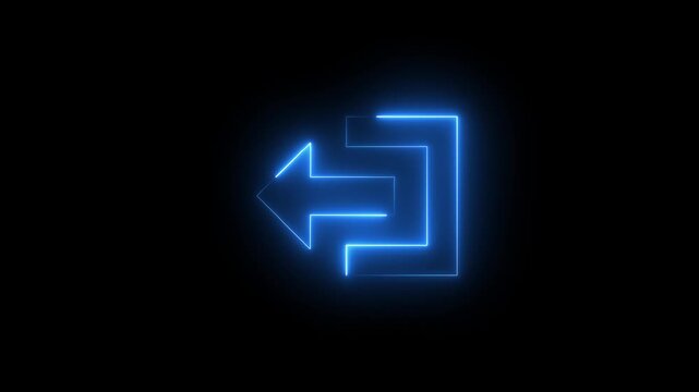 Glowing neon blue color logout sign and left arrow  icon animation sign symbol on black background