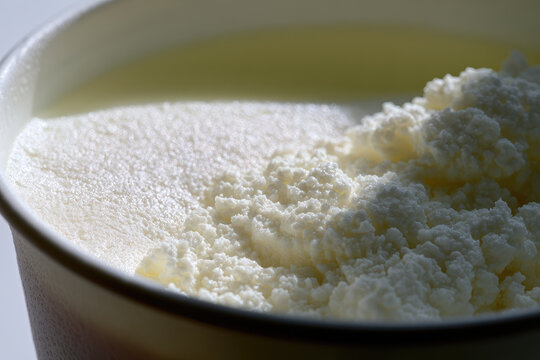 Curdled yogurt whey liquid macro photography open container white dairy lumpy texture expired food soft light close view food spoilage