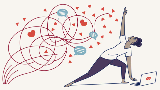 Woman practicing yoga in warrior pose, connecting online with social media hearts and chat bubbles.