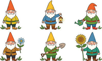 Fototapeta premium Cute Garden Gnome Character Vector Set with Whimsical Dwarfs Holding Sunflower, Watering Can, Lantern, and Shovel for Spring Gardening and Backyard Nature Designs