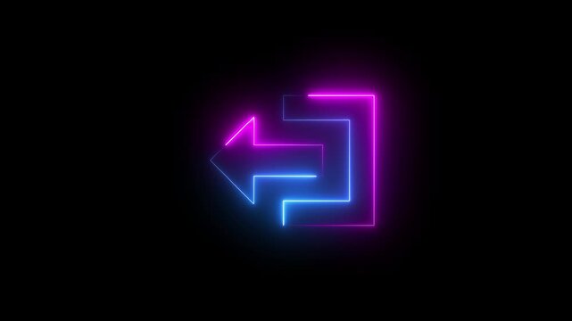 Glowing neon pink and blue color logout sign and left arrow  icon animation sign symbol on black background