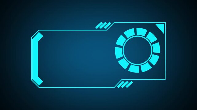 Cyan futuristic HUD frame with circular element. Technology frame symbol for digital display. Digital HUD frame animation for sci-fi interface.
