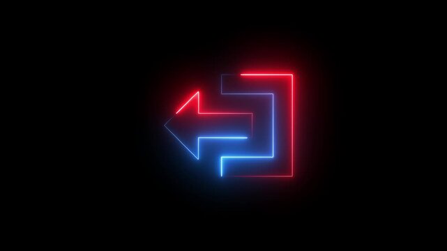 Glowing neon red and blue color logout sign and left arrow  icon animation sign symbol on black background