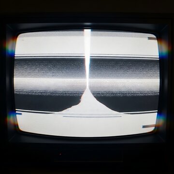 Grainy retro TV screen displays static and a vertical light beam