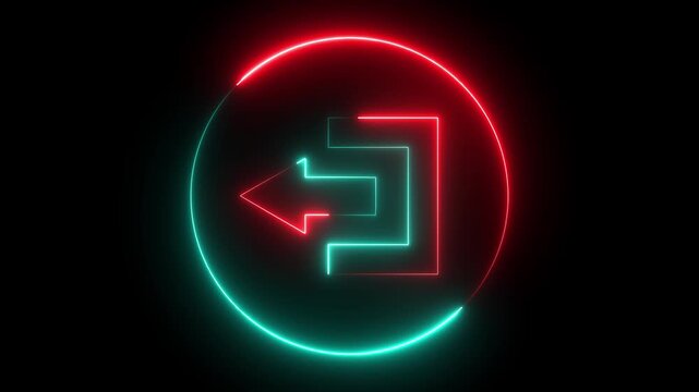 Glowing neon red and cyan color logout sign and left arrow  icon animation sign symbol on black background