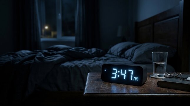 Digital alarm clock displaying 3:47 AM on a wooden bedside table in a dark bedroom at night