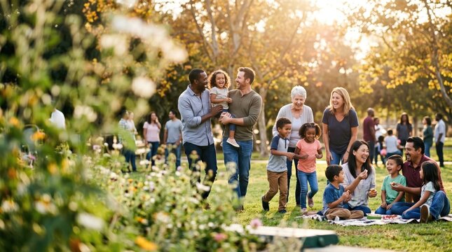 Diverse family enjoying a sunny picnic in a park with blooming flowers
