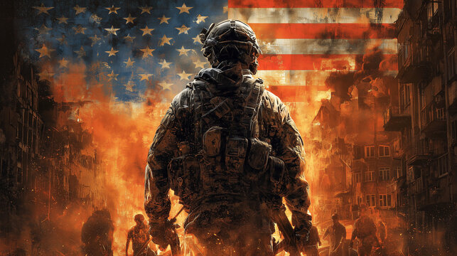 A somber image of a soldier facing a large USA flag in a devastated environment. Concept of remembering fallen heroes, sacrifice, and the price of freedom.