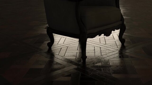 3d Animation of a classic armchair on aged versailles parquet	
