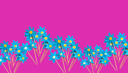 Liverleaf paper flowers background, blue blossoms, isolated on pink. Paper flowers, cut, on a stick. Flower composition, floral patterns, spring flowering. Blue, yellow, white. Hepatica Nobilis