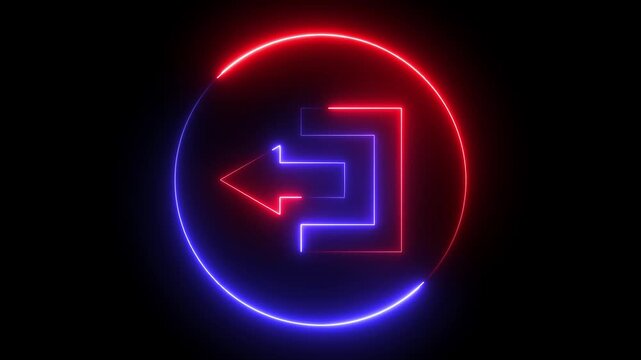 Glowing neon red and blue color logout sign and left arrow  icon animation sign symbol on black background