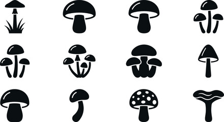 Black Silhouette Mushroom Vector Set with Twelve Different Forest Fungus and Toadstool Icons Isolated on White Background © MdImran