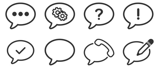 Speech bubble icon set with various symbols. Includes question mark, phone, edit pencil, and check mark. © Taisiia