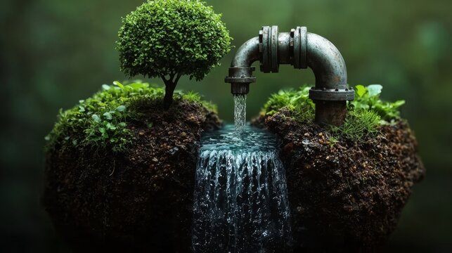 Water flows gracefully down a small waterfall from a metal pipe in the model.