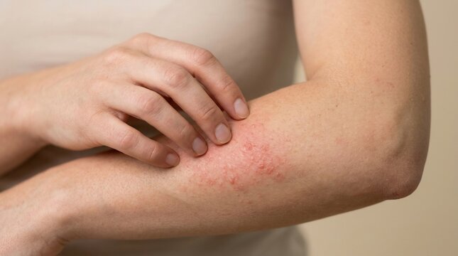 Detailed close-up of a person scratching a red allergic skin rash and inflammation on their forearm