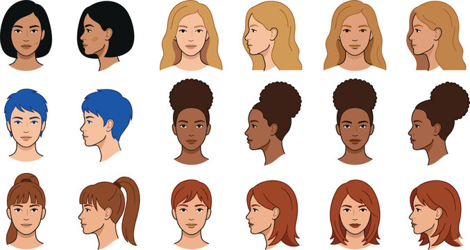 Diverse Female Face Vector Set Featuring Front and Side Views with Different Hairstyles, Hair Colors, and Skin Tones for Character and Avatar Illustrations