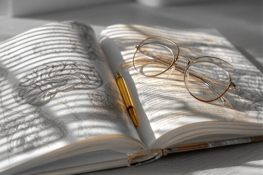Open psychology textbook on wooden desk featuring brain diagram, pen, and glasses. Soft lighting and Morandi tones create a calm mood. Clean copy space ideal for mental health branding and...