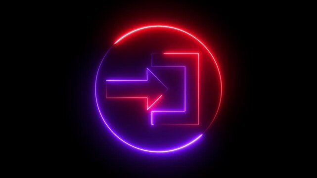 Glowing neon red and purple color login sign and right arrow  icon animation sign symbol on black background