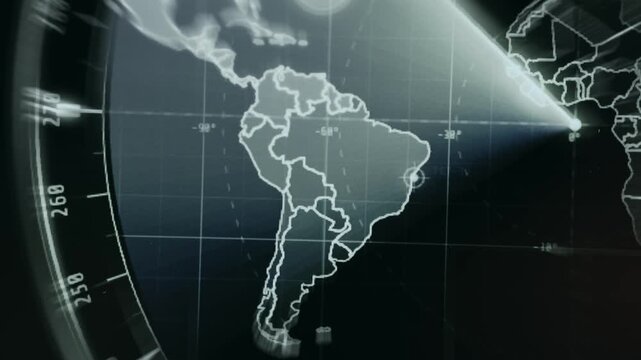 Surveillance radar interface showing the map of South America with a highlighted target area