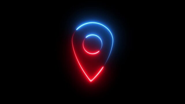 Glowing neon red and blue color location map sign icon animation position tracking direction address tags journey place navigation icon sign symbol on black background